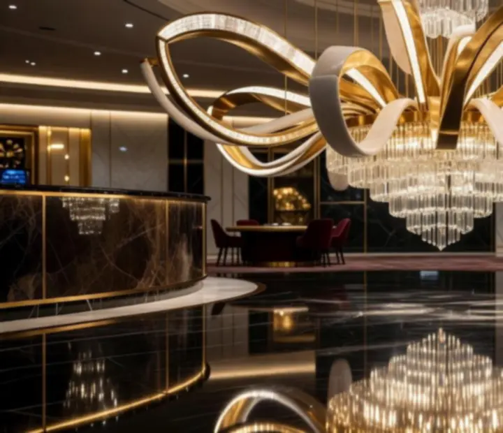 Detail luxusního lustru a designových prvků v kasinu Royal Zenvo