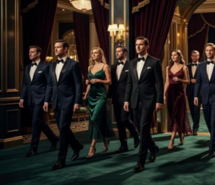 Elegantně oblečení hosté přicházející na večer do kasina Royal Zenvo
