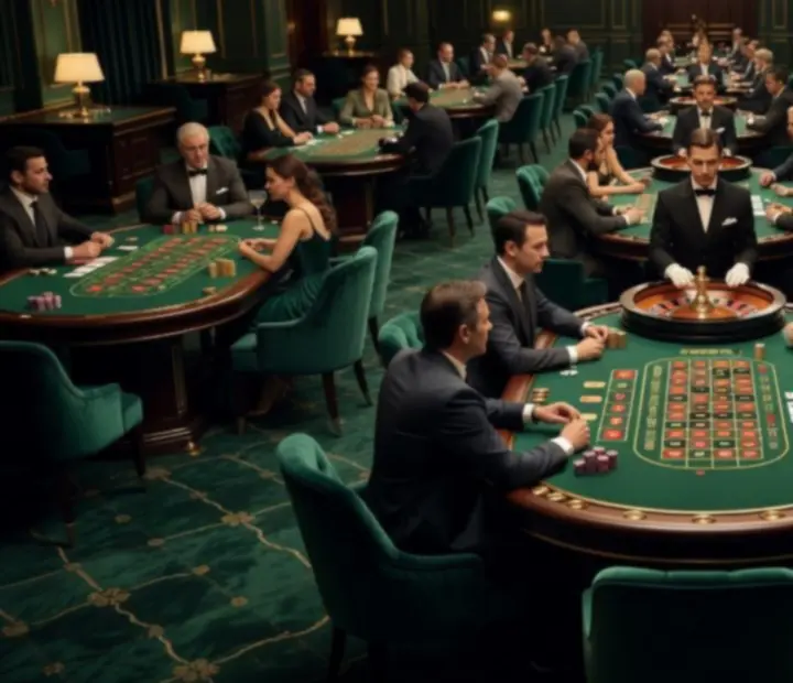 Panoramatický pohled na herní sály kasina Royal Zenvo s ruletovými a karetními stoly