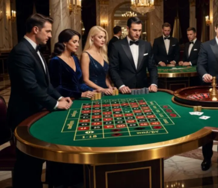 Ruletový a blackjackový stůl v Royal Zenvo osvětlený zlatým světlem