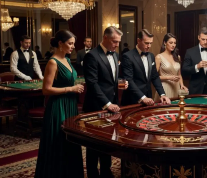 Luxusní ruletový sál Royal Zenvo s nasvícenými herními stoly a elegantními hosty