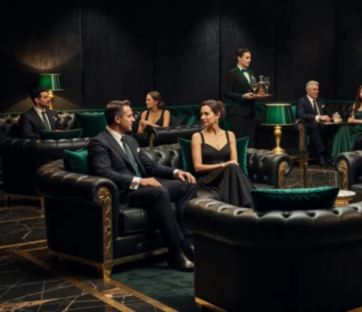 Privátní VIP lounge s luxusním sezením a tlumeným osvětlením